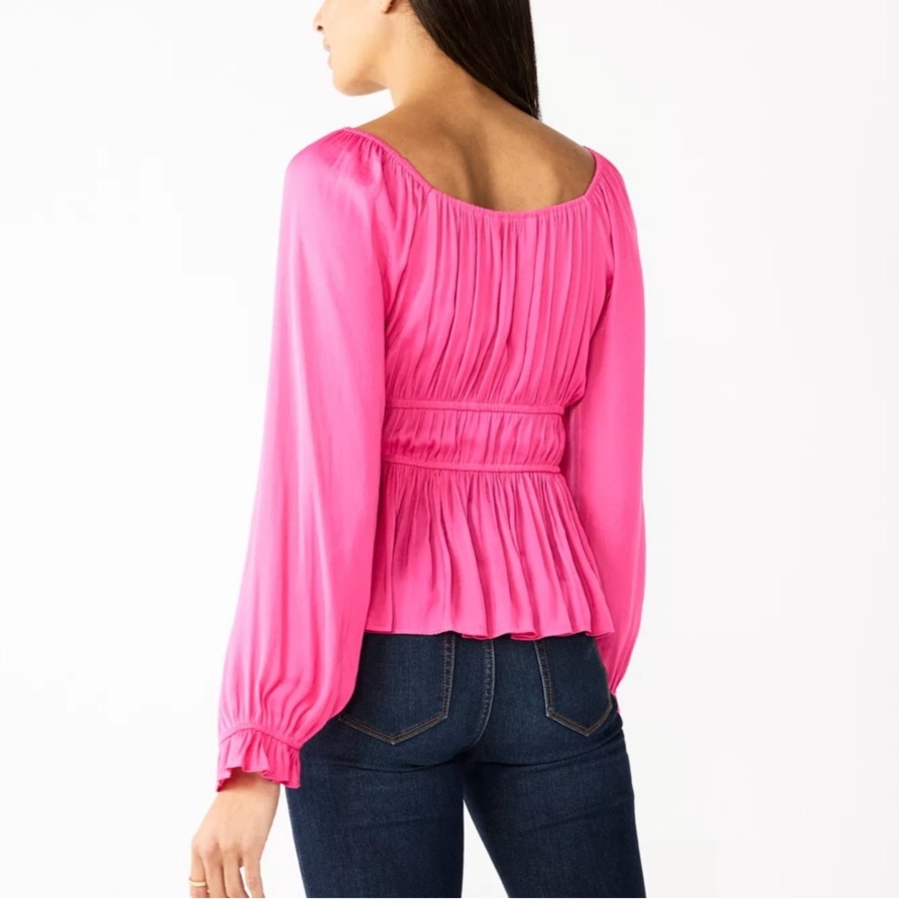 NINE WEST Size Medium Red and Pink Peplum Long Sleeve Sweetheart Neckline Blouse - Picture 4 of 11
